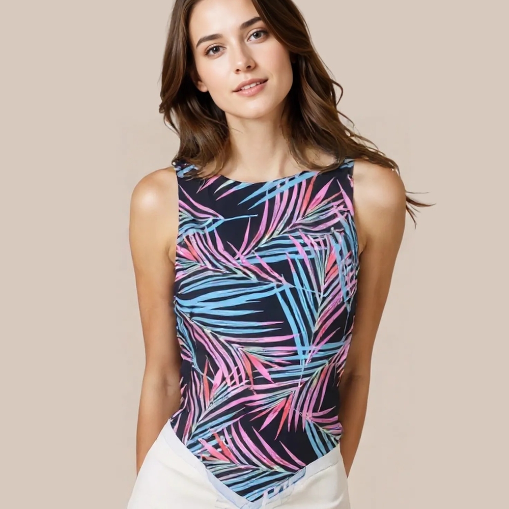 Tropical Palm Leaf One-Piece Swimsuit – Pink/Blue on Black | NWOT | Size L